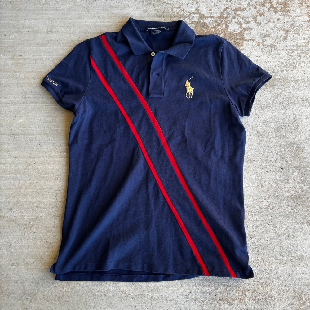 Y2K Ralph Lauren Sport Navy Blue Pima Cotton Sash Stripe Polo Shirt XL Big Pony
